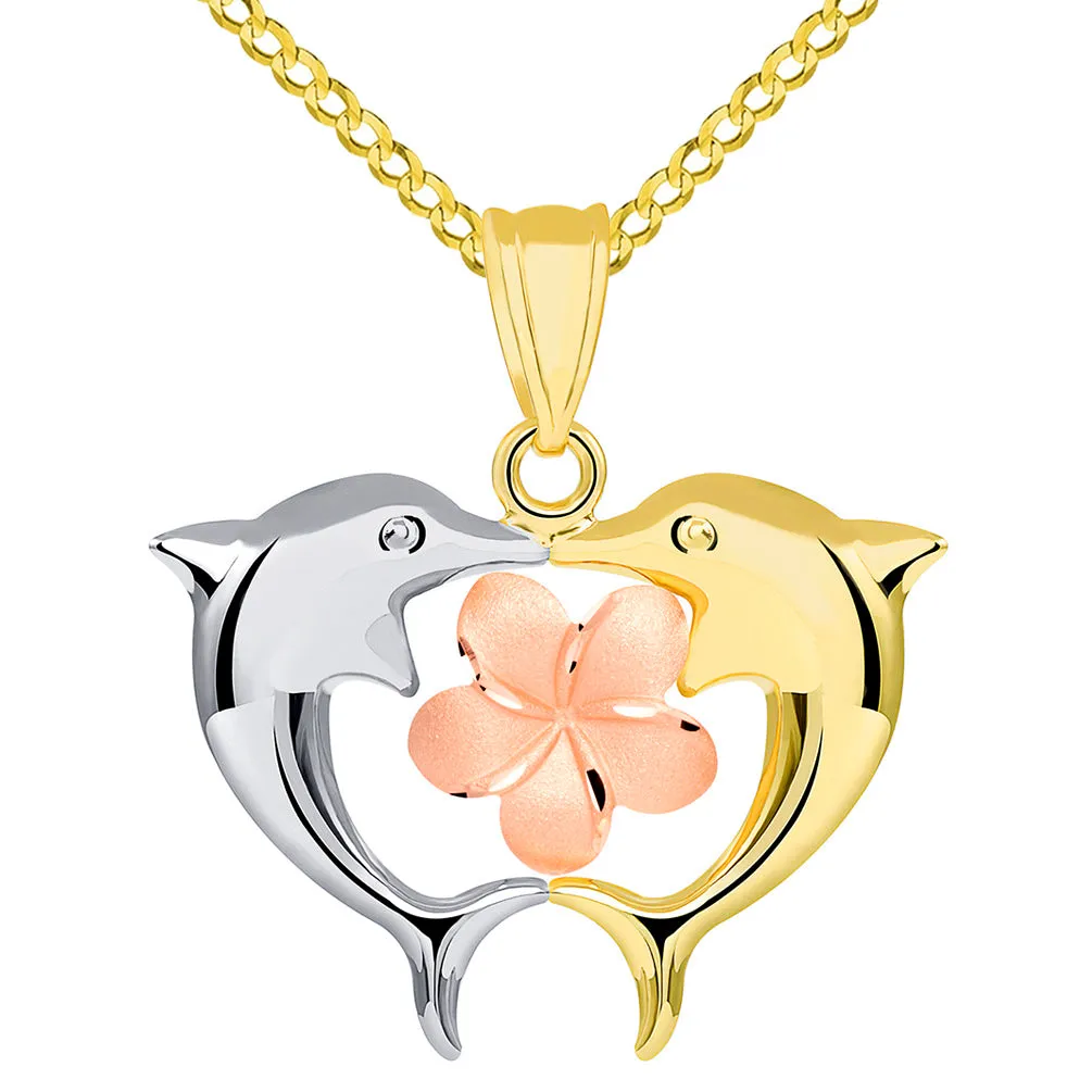 14k Tri Color Gold High Polish Kissing Dolphins with Hawaiian Plumeria Flower Pendant Cuban Necklace