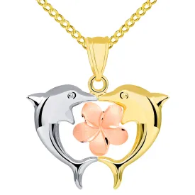 14k Tri Color Gold High Polish Kissing Dolphins with Hawaiian Plumeria Flower Pendant Cuban Necklace