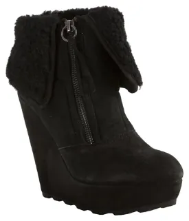 ASH Women's •Folk• Suede Wedge Bootie - Black Sheep/Shearling 37M