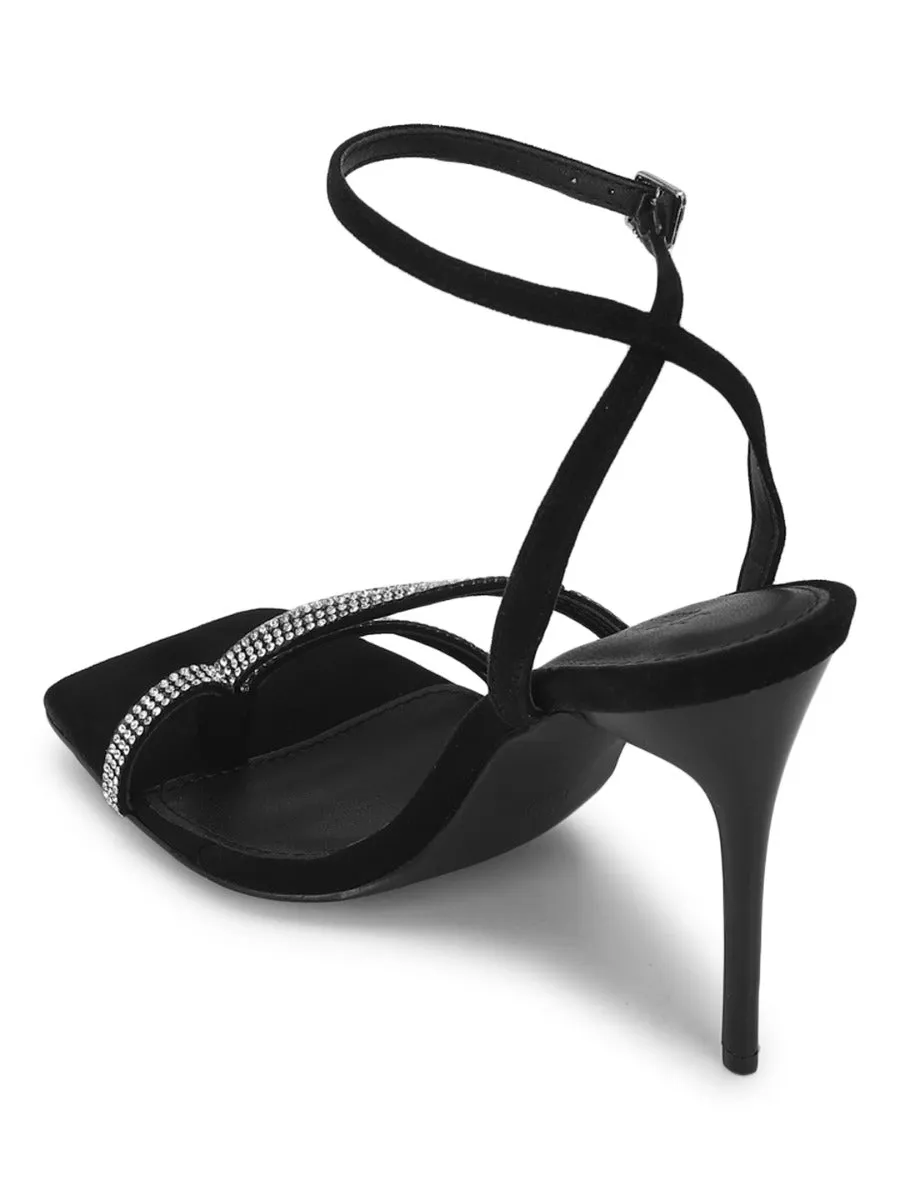 Black Micro Diamante Stilettos With Slim Straps