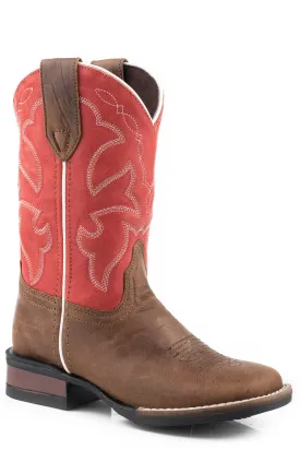 Boys Roper Dark Tan Square Toe Boot w/ Coral Rose Shaft