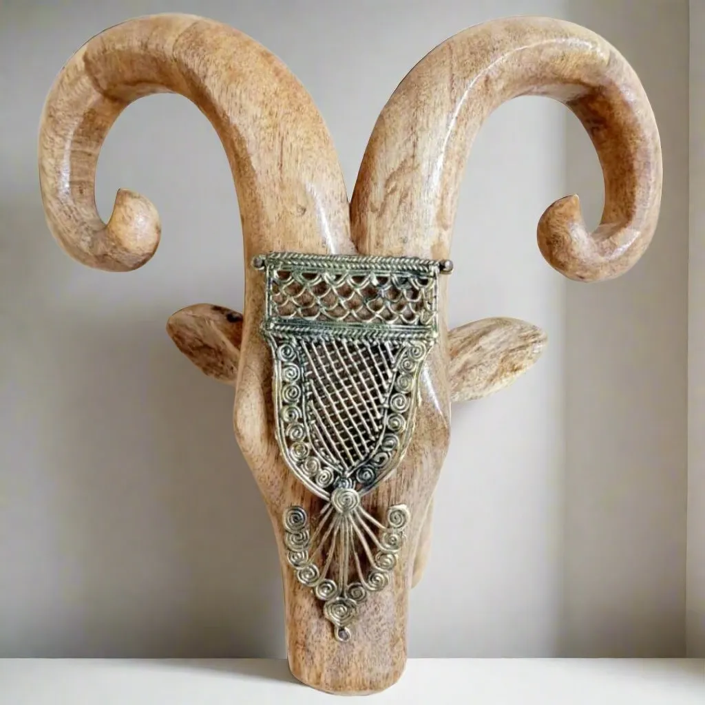 Brass Accessorized Wooden Ram Head