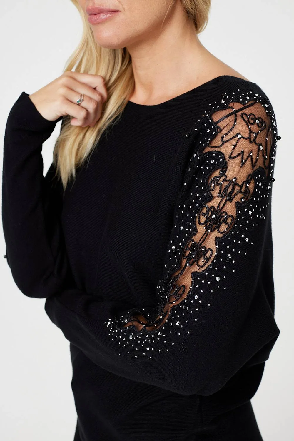 Embellished Boat Neck Knit Top