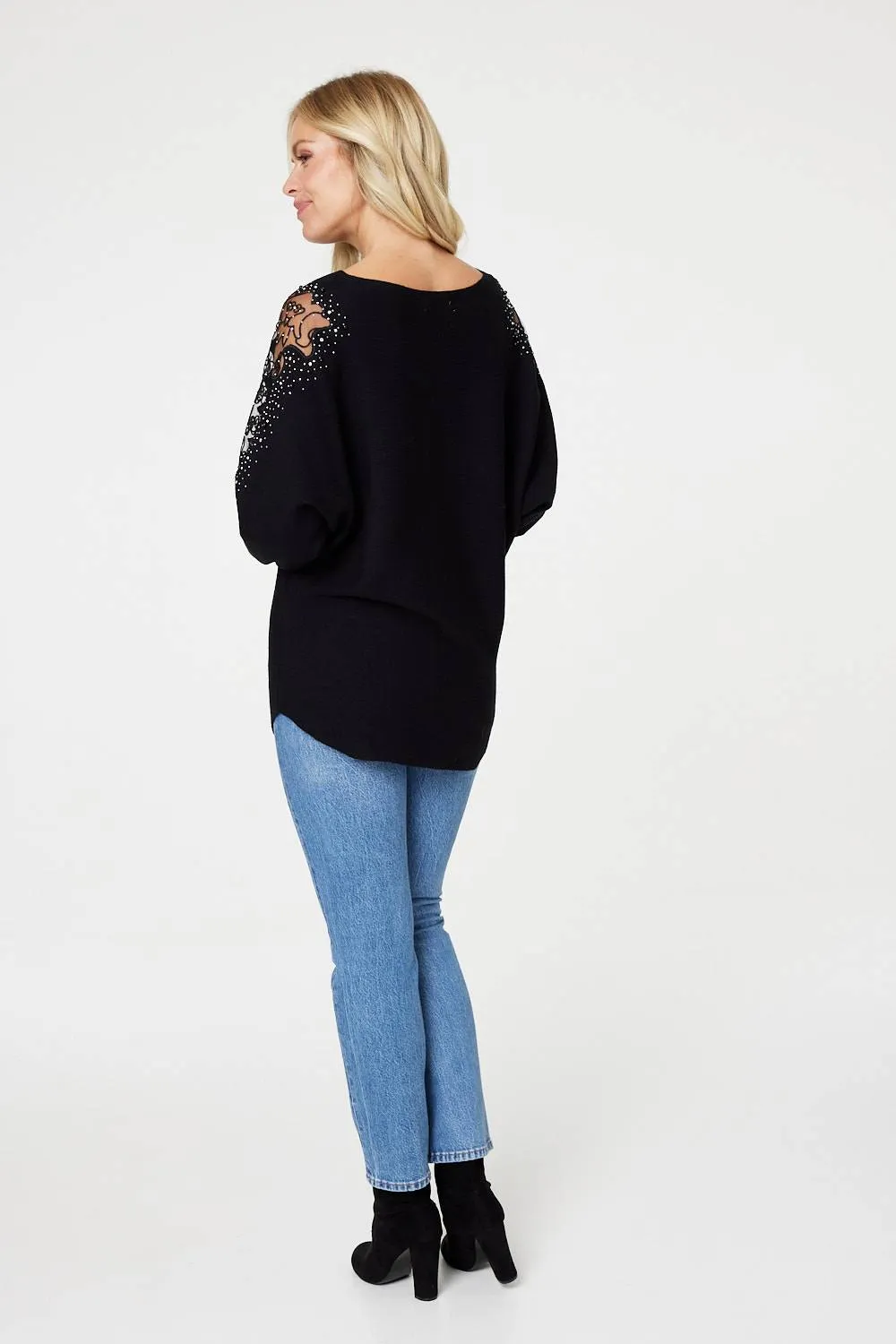 Embellished Boat Neck Knit Top