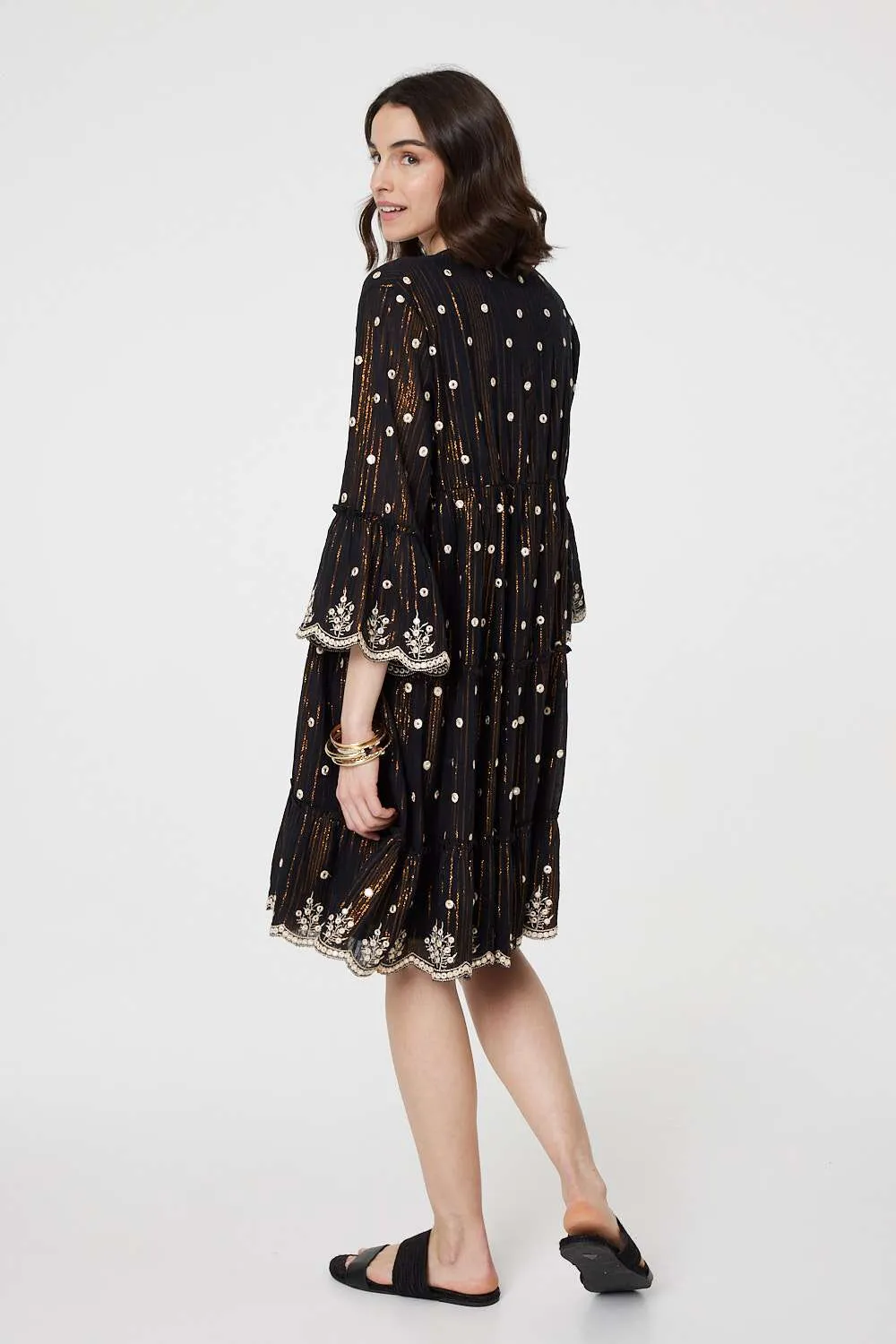 Embroidered 3/4 Sleeve Knee Length Dress