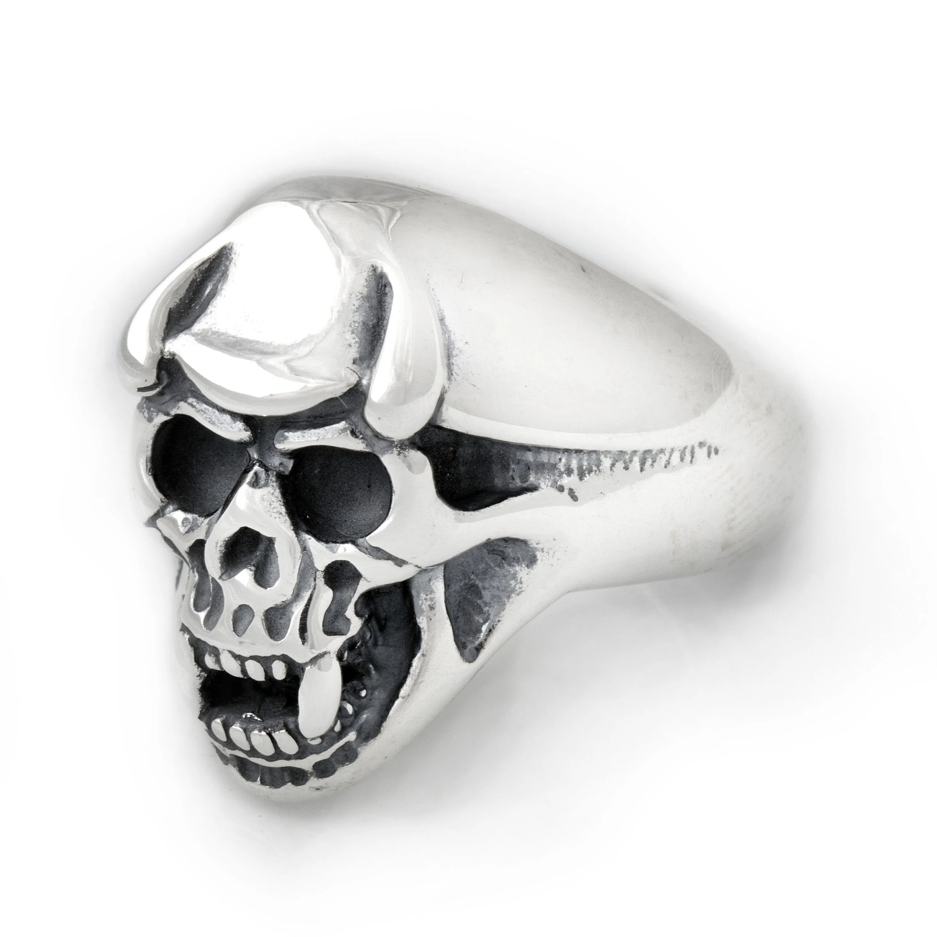 Helmet Skull Ring with Horns and Fangs