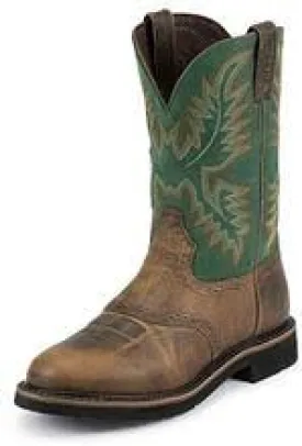 Justin Men's (SE4671) 11" Blade Green and Tan Round Steel Toe Pull-On Work Boot with Saddle.