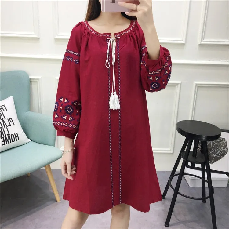 Long Sleeve Flower Floral Embroidery Dress