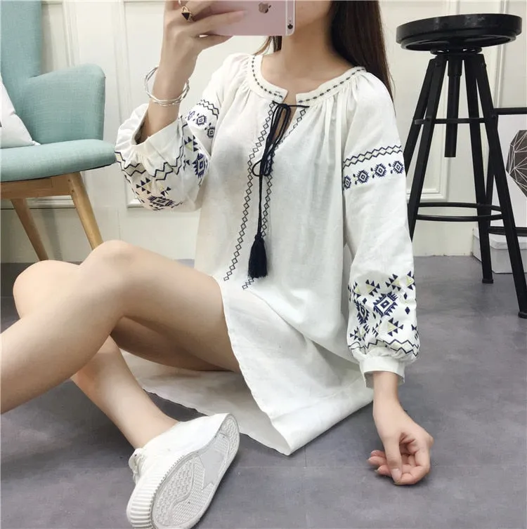 Long Sleeve Flower Floral Embroidery Dress