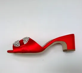 Manolo Blahnik Prinap 50 Bright Red Satin Rhinestone Sandals Slides