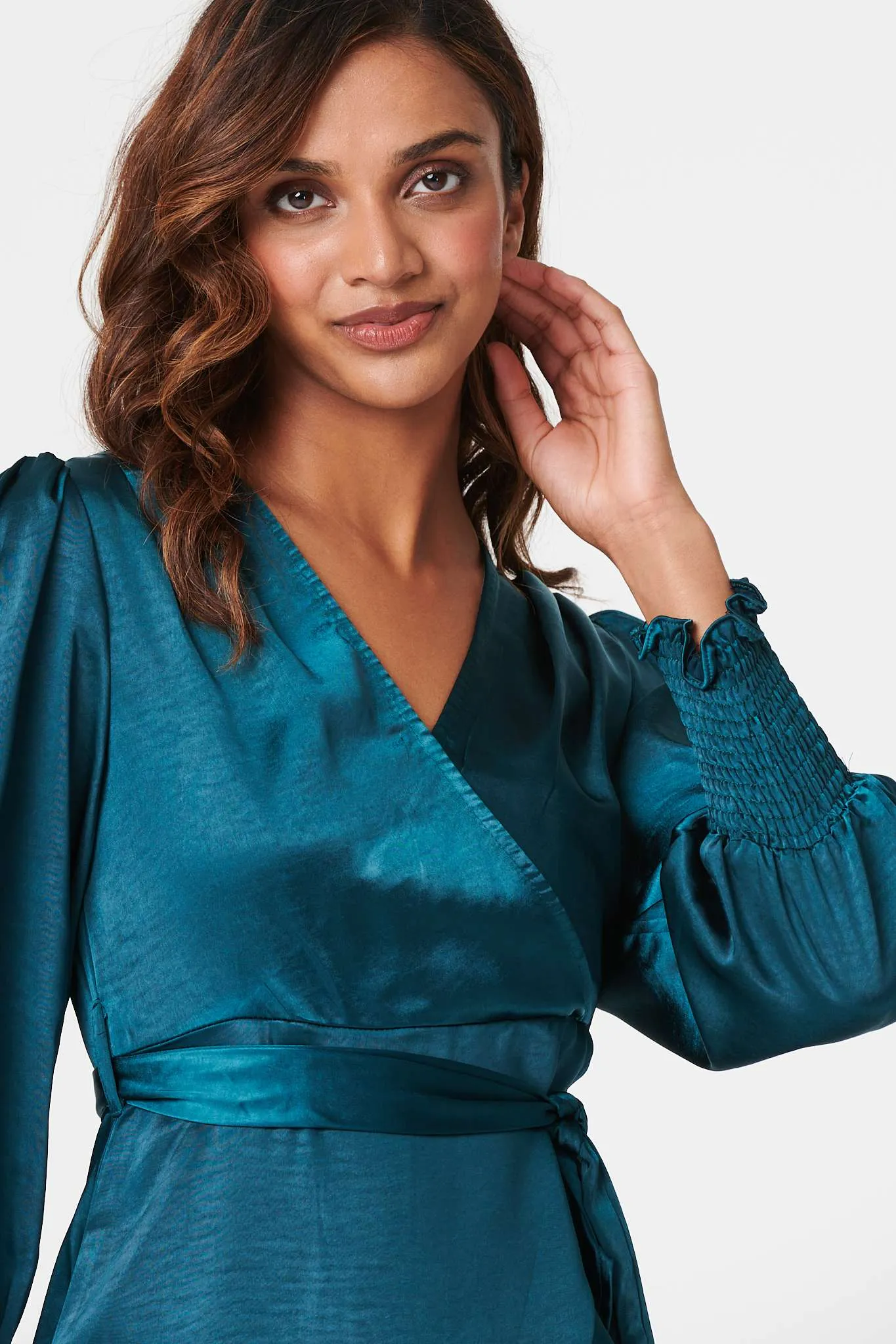 Satin Frill Detail Wrap Dress