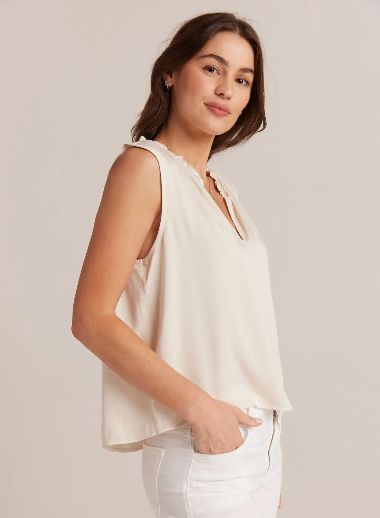 Satin Ruffle Neck Tank - Cliffside