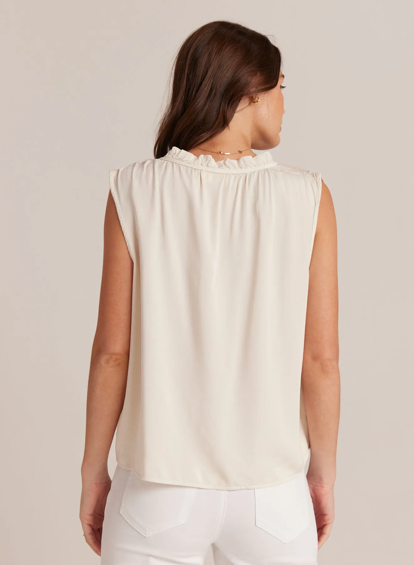 Satin Ruffle Neck Tank - Cliffside