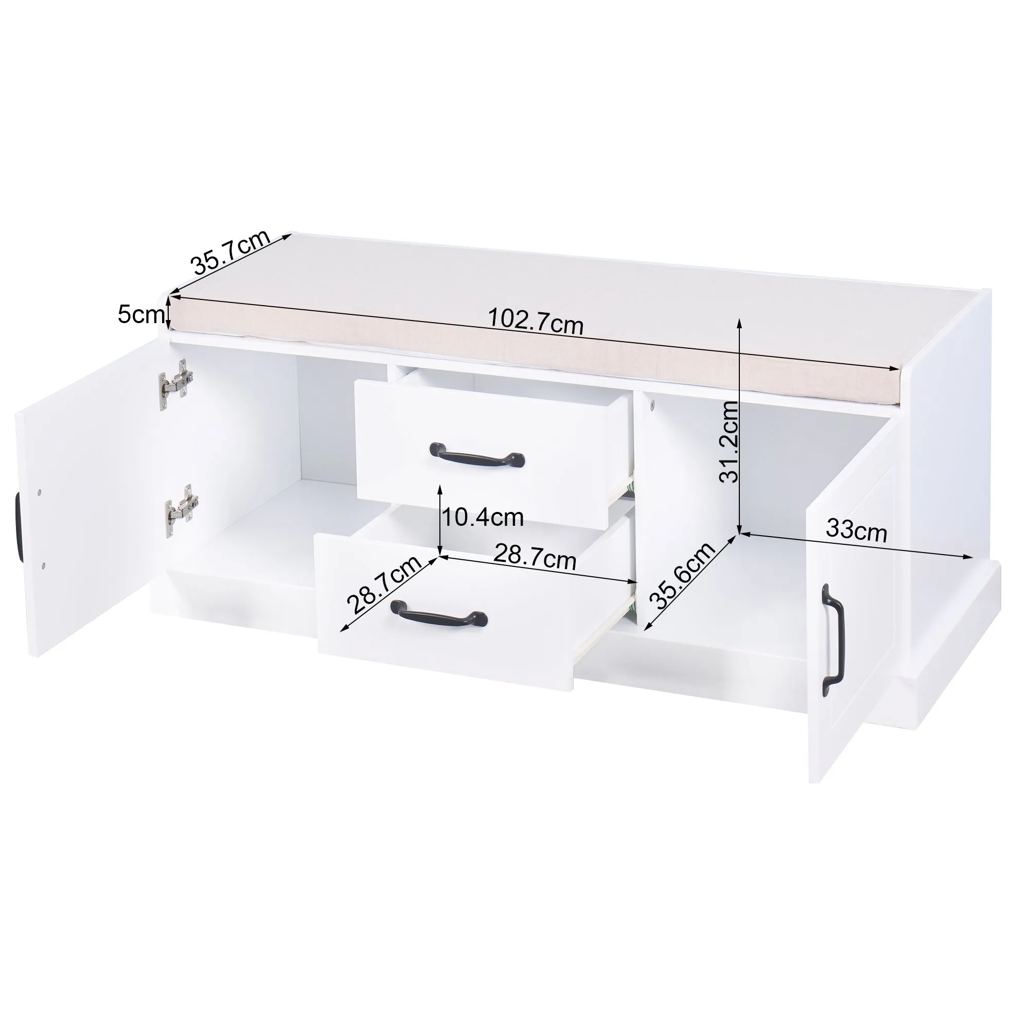 Wooden Entryway Shoe Cabinet with 2 Drawers and 2 Doors Living Room Storage Bench with White Cushion